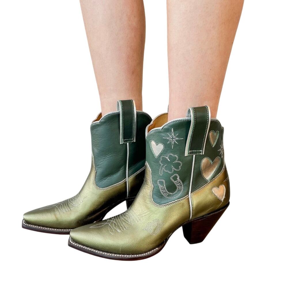 Besita Lucky Cowboy Ankle Boot Booie in Metallic Olive Forest Moss 10